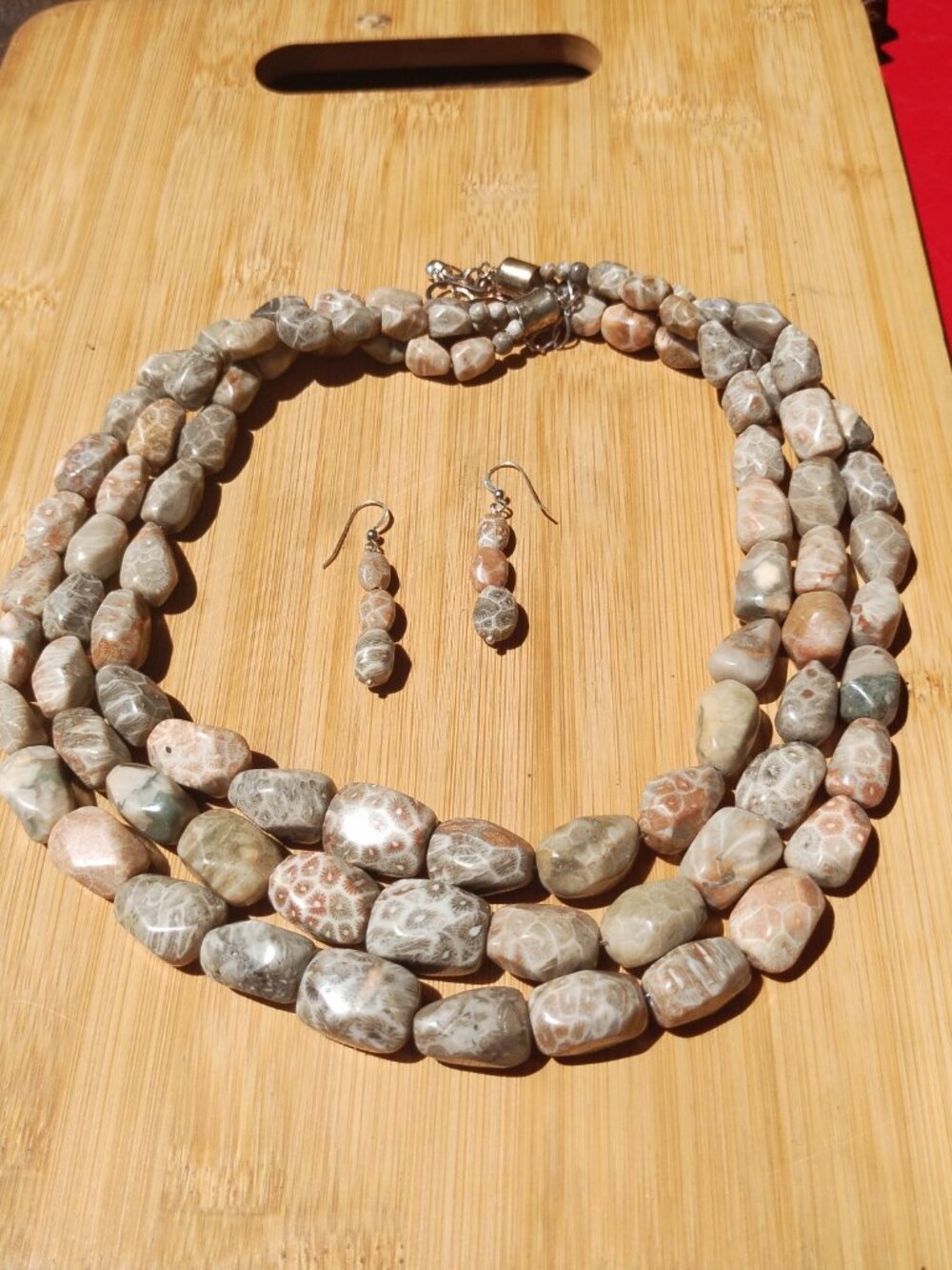 Jay King Triple Strand Leopard Ocean Jasper 925 Necklace and Earrings Set.